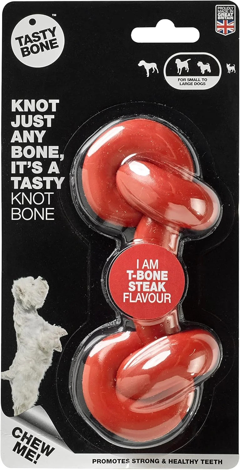 استخوان جویدنی گره دار نایلونی Tasty Bone برای سگ، جویدنی بادوام و مقاوم، با طعم استیک تی-بون
