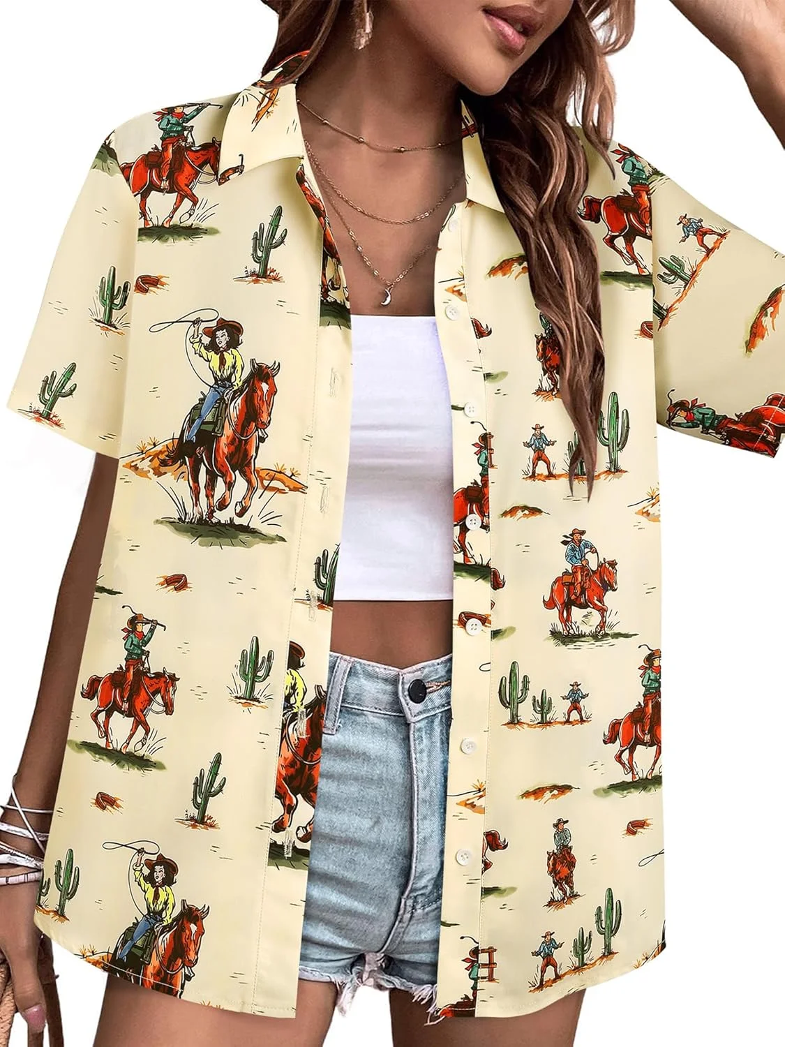پیراهن دکمه دار زنانه مایمور طرح وسترن گاودختری، آستین کوتاه، طرح وینتیج، مدل هاوایی، مناسب استایل کژوال و کنسرت های کانتری