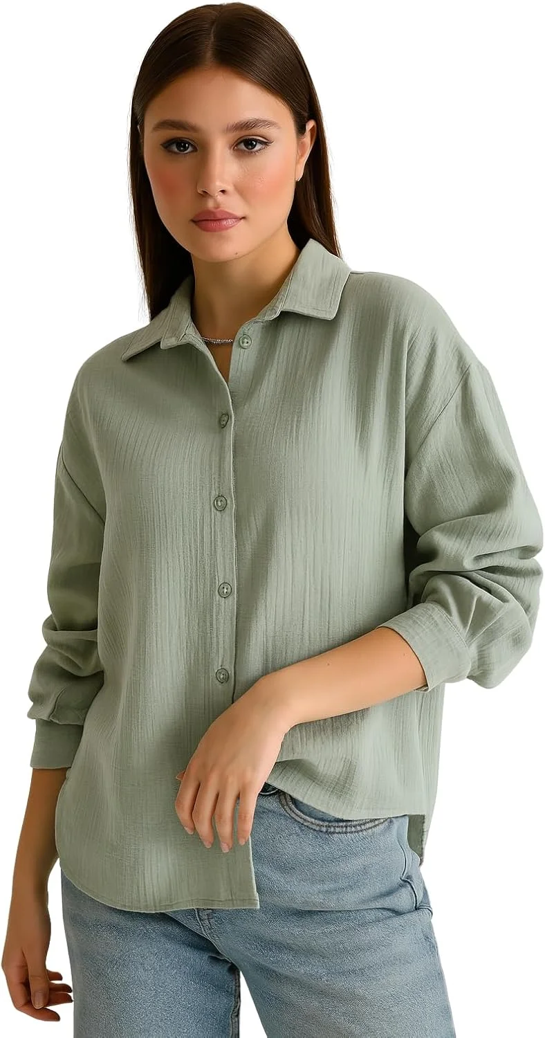 پیراهن زنانه دکمه دار 100% موسلین، آستین بلند، گشاد، با برش آزاد، ساخت ترکیه