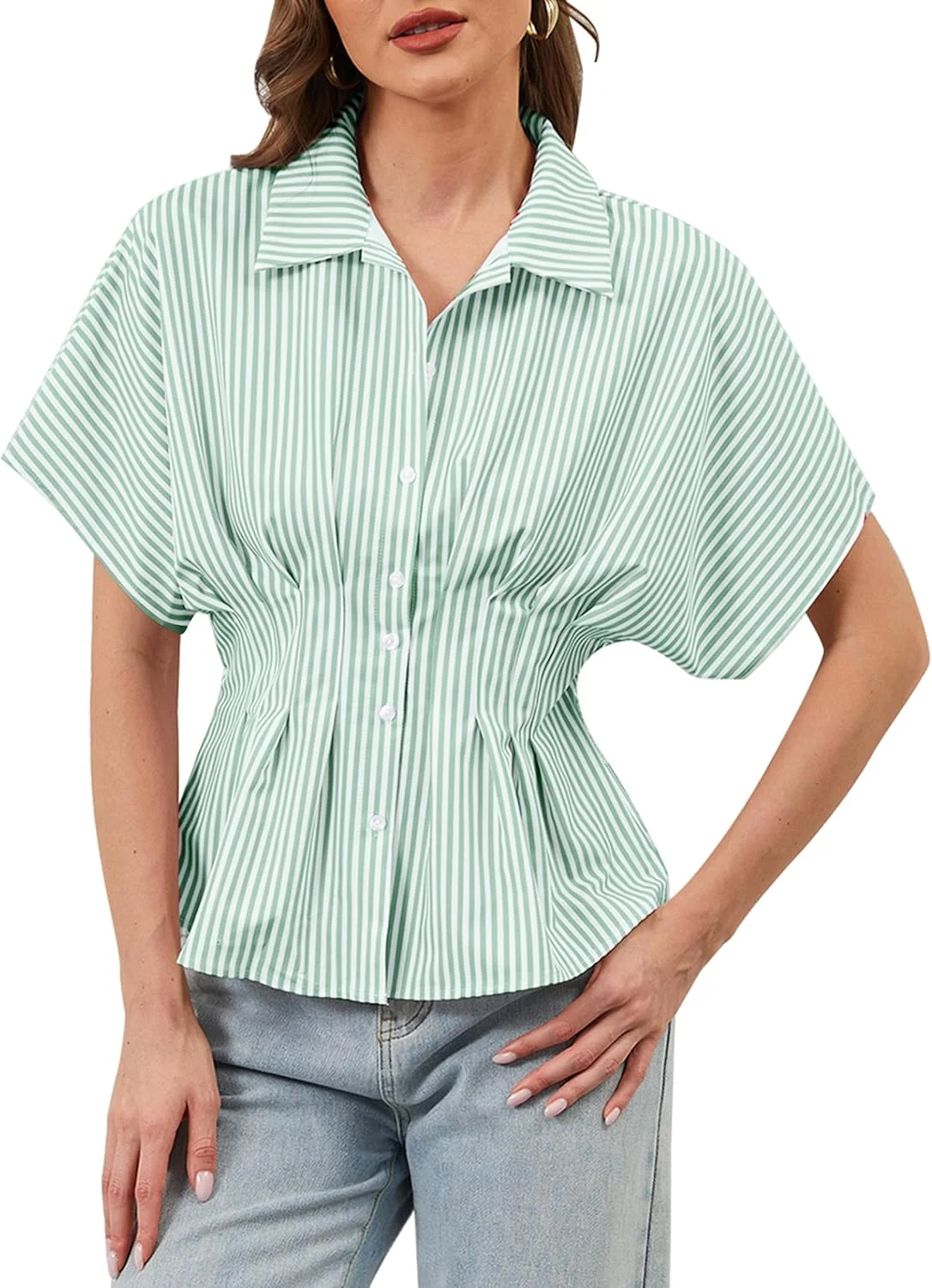 MSBESYOR بلوز زنانه آستین کوتاه دکمه دار طرح راه راه