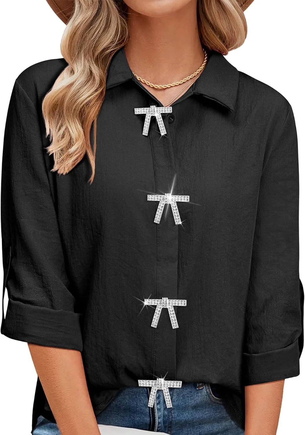 پیراهن زنانه MYMORE با دکمه و حاشیه ریش ریش نگین دار، آستین سه ربع، تاپ براق مناسب کنسرت، مدل نشویل و وسترن کابوی