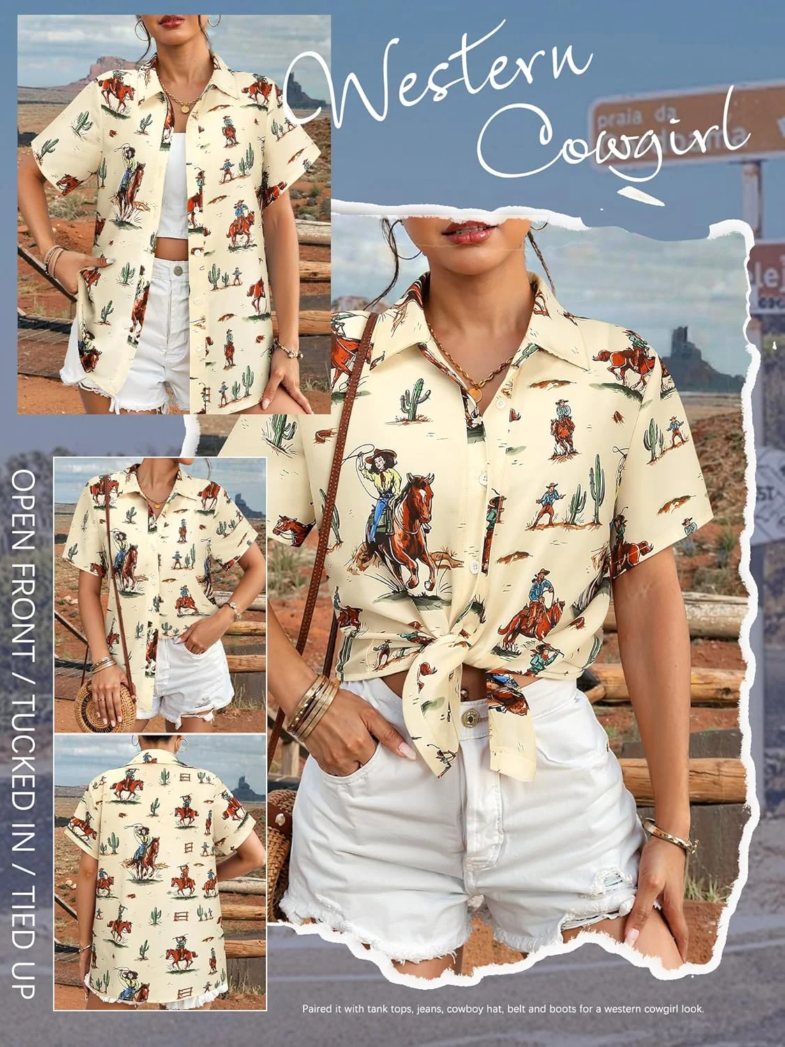 پیراهن دکمه دار زنانه مایمور طرح وسترن گاودختری، آستین کوتاه، طرح وینتیج، مدل هاوایی، مناسب استایل کژوال و کنسرت های کانتری