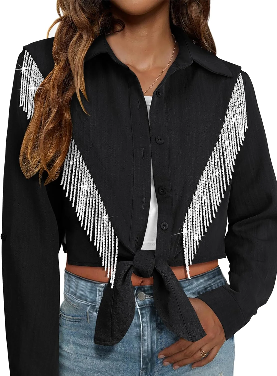 پیراهن زنانه دکمه دار کوتاه با حاشیه سنگ‌دوزی شده MYMORE، آستین سه ربع رول شده، مدل گره ای جلو، مناسب استایل وسترن کابوی و رودئو