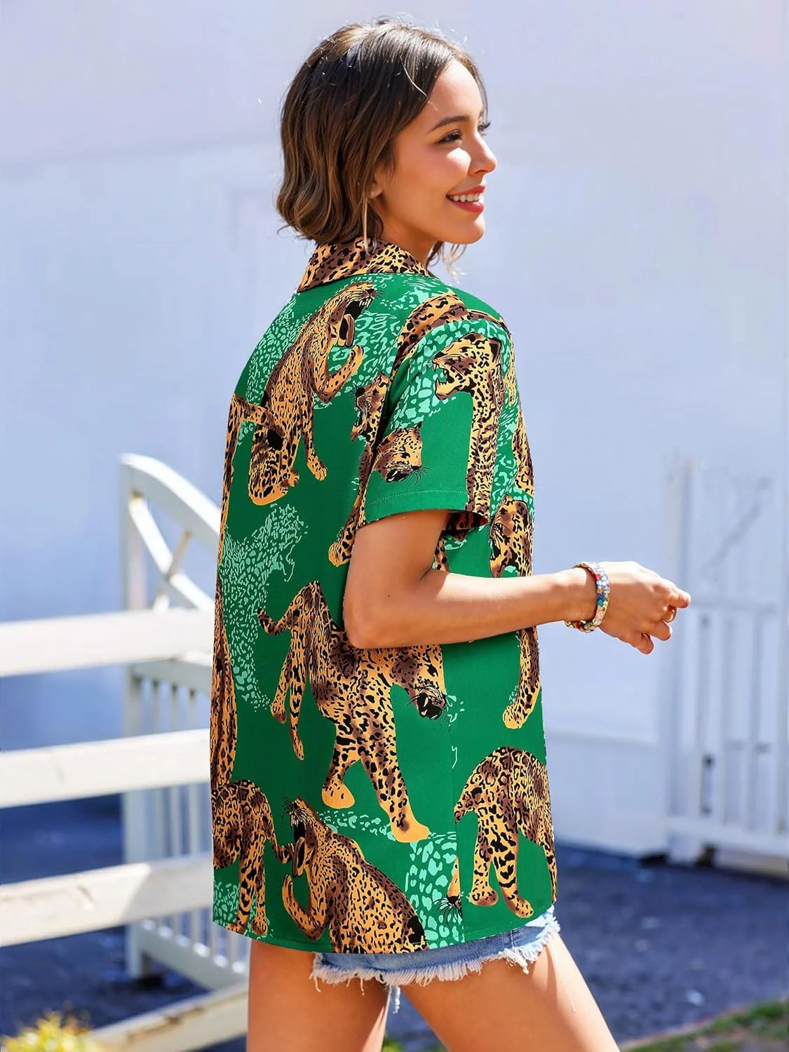 پیراهن زنانه طرح پلنگی MYMORE مدل 2025 آستین کوتاه با طرح حیوانات یوزپلنگی دکمه دار، تاپ و پیراهن هاوایی گرمسیری