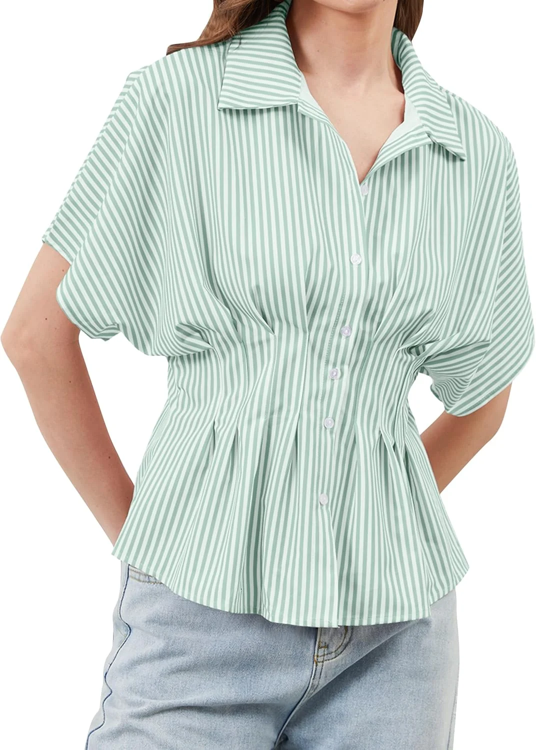 MSBESYOR بلوز زنانه آستین کوتاه دکمه دار طرح راه راه