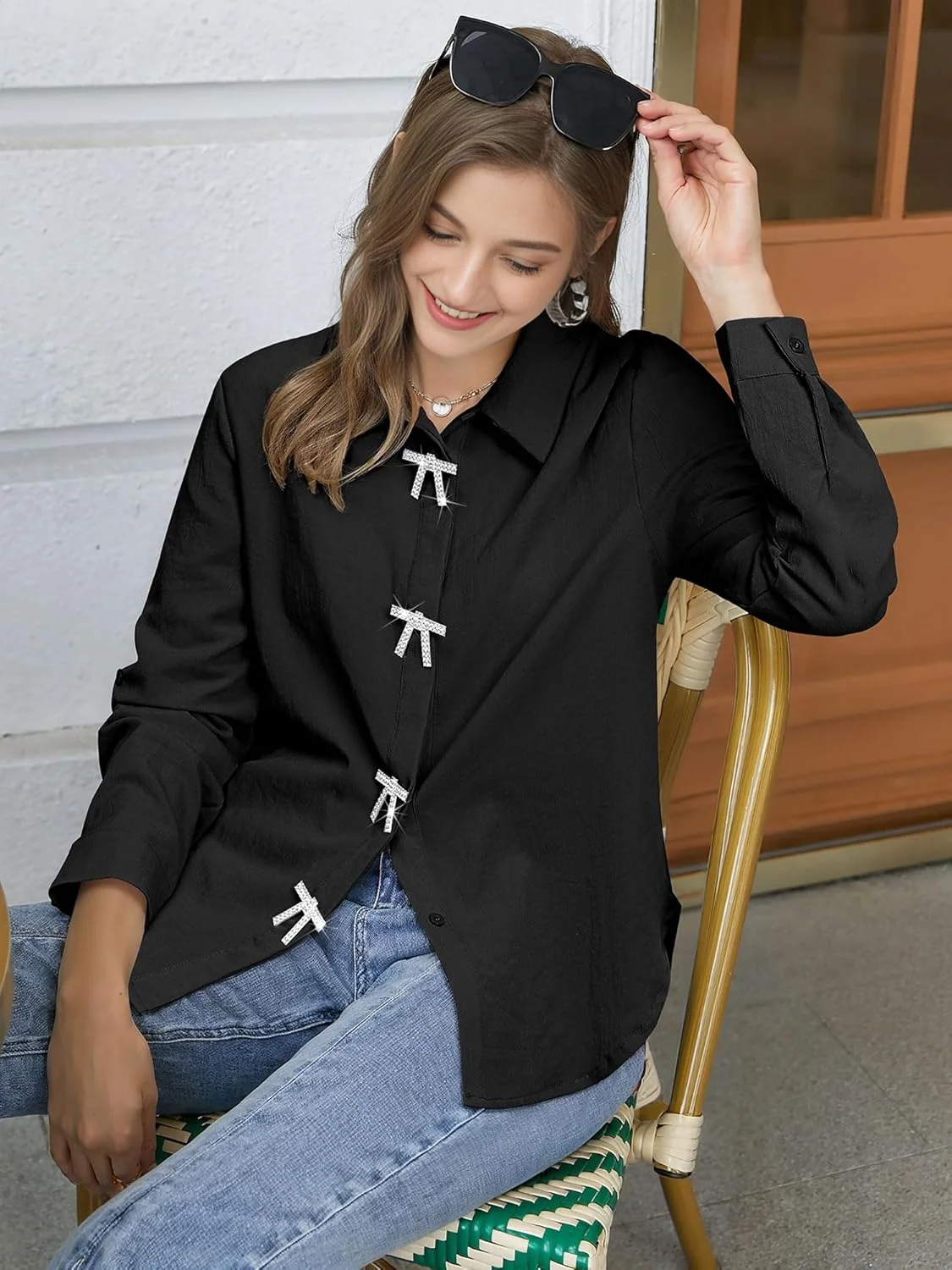 پیراهن زنانه MYMORE با دکمه و حاشیه ریش ریش نگین دار، آستین سه ربع، تاپ براق مناسب کنسرت، مدل نشویل و وسترن کابوی