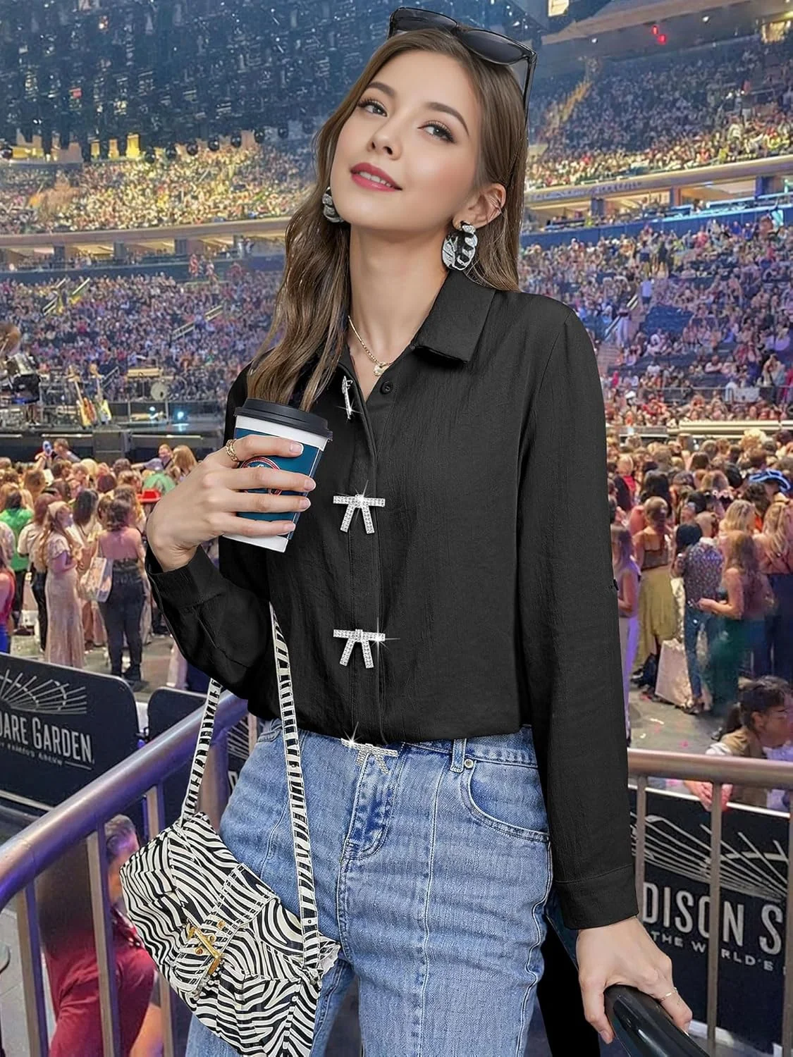 پیراهن زنانه MYMORE با دکمه و حاشیه ریش ریش نگین دار، آستین سه ربع، تاپ براق مناسب کنسرت، مدل نشویل و وسترن کابوی