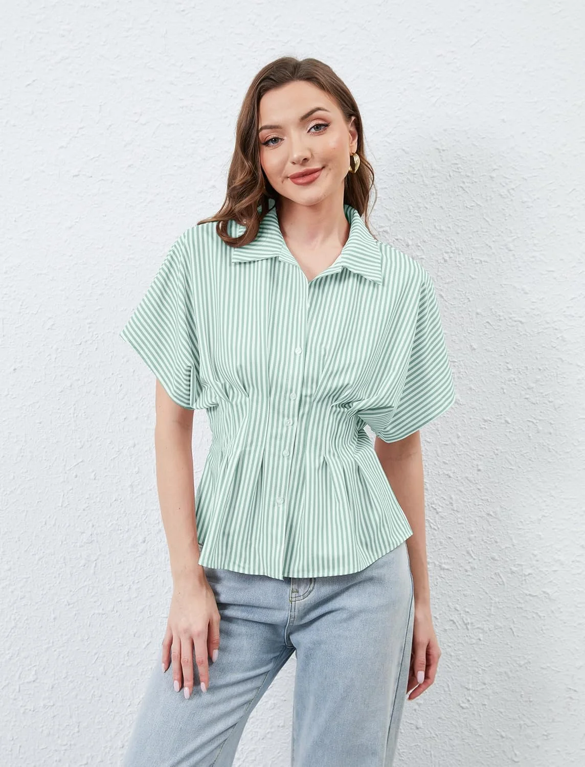 MSBESYOR بلوز زنانه آستین کوتاه دکمه دار طرح راه راه