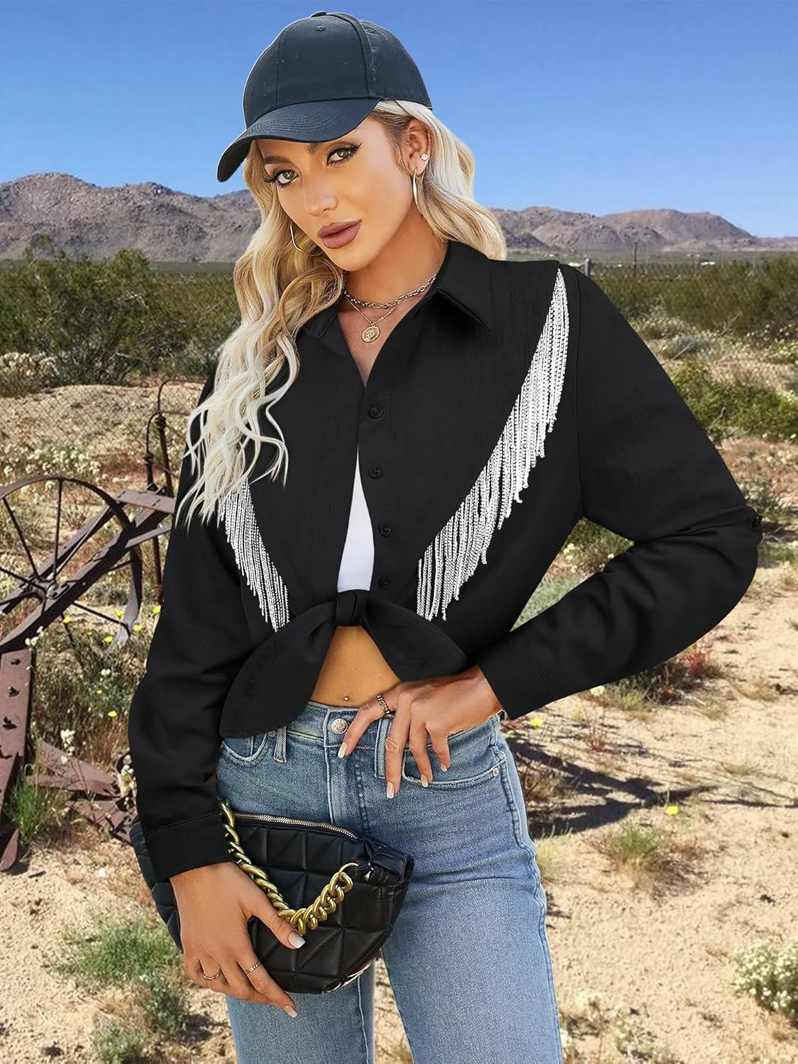 پیراهن زنانه دکمه دار کوتاه با حاشیه سنگ‌دوزی شده MYMORE، آستین سه ربع رول شده، مدل گره ای جلو، مناسب استایل وسترن کابوی و رودئو