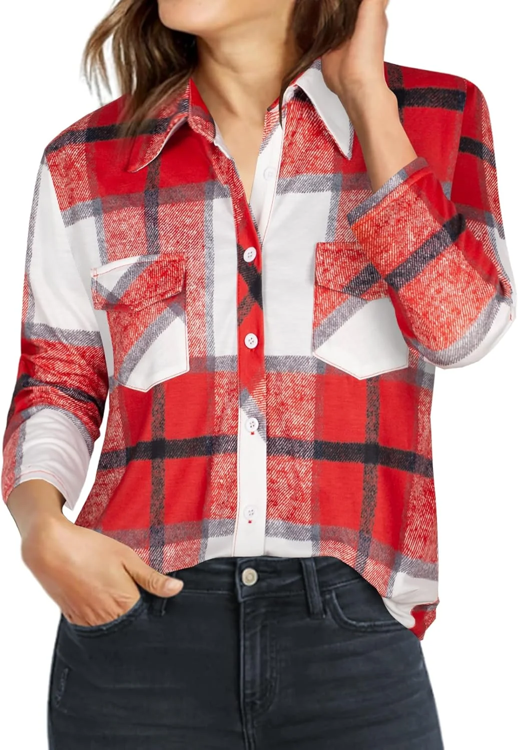 تونیک زنانه چهارخانه Ninedaily، بلوز دکمه دار یقه دار آستین سه ربع