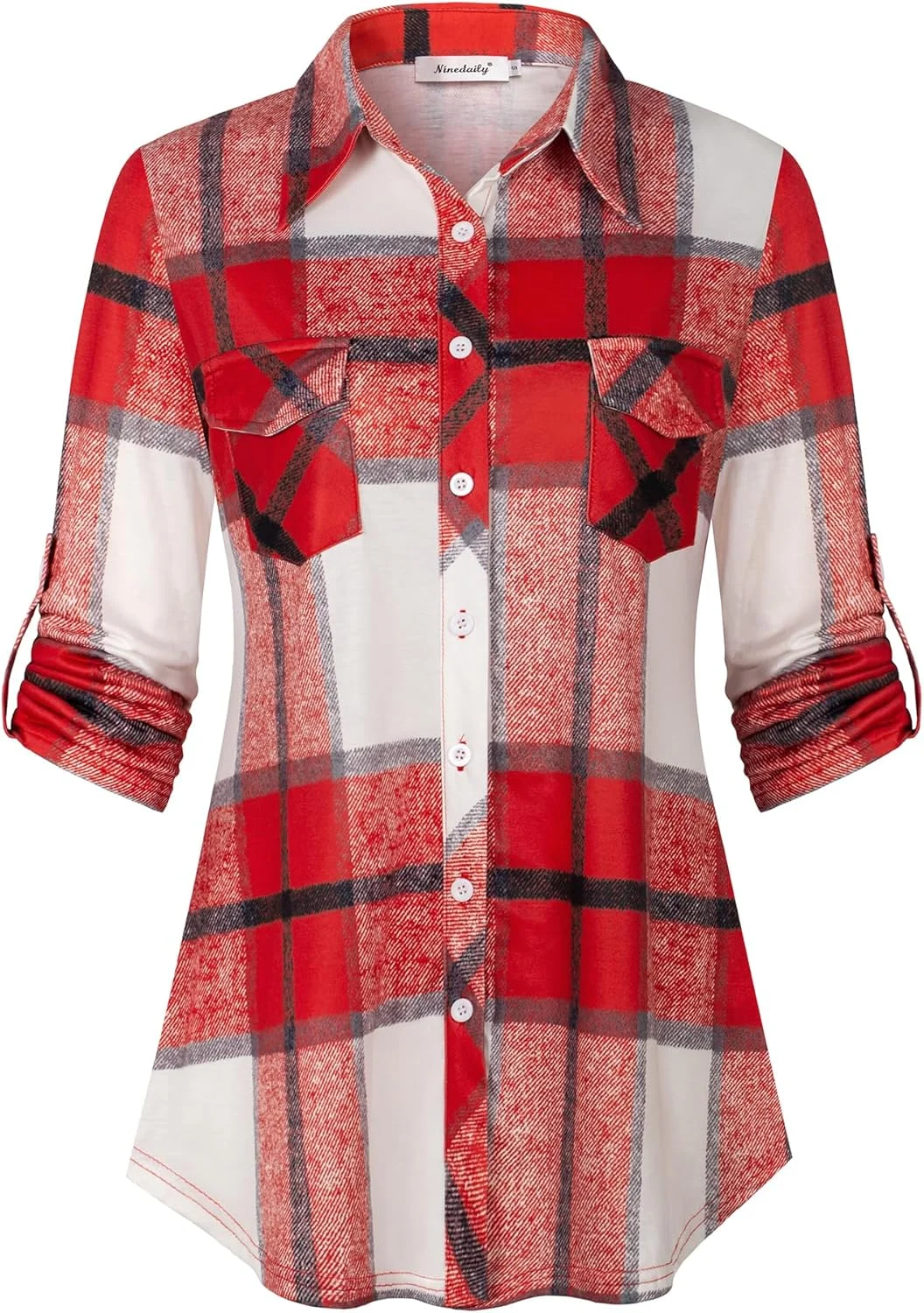 تونیک زنانه چهارخانه Ninedaily، بلوز دکمه دار یقه دار آستین سه ربع