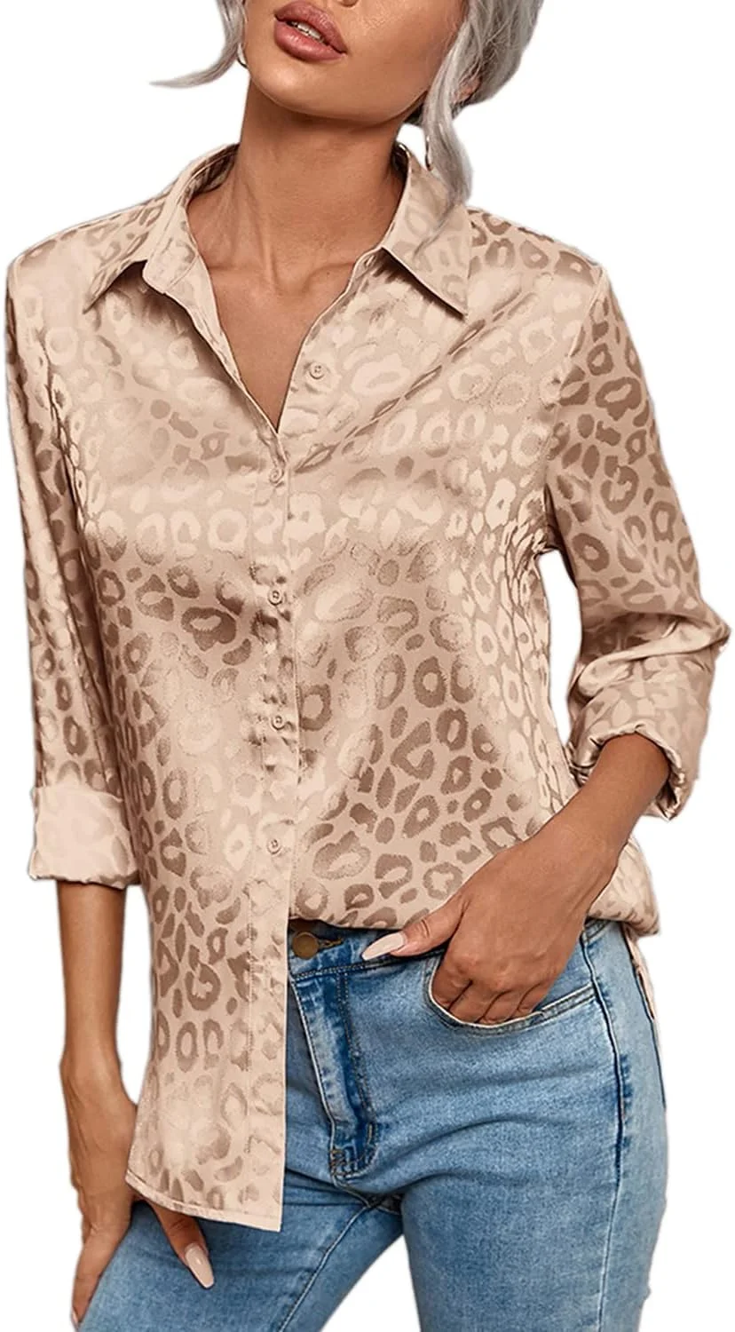 پیراهن زنانه NIGHTMISS، یقه هفت، آستین بلند، دکمه دار، ساتن، مناسب محیط کار، طرح پلنگی، لبه نامتقارن، بلوز زنانه، مناسب برای خانم ها، خاکی، S