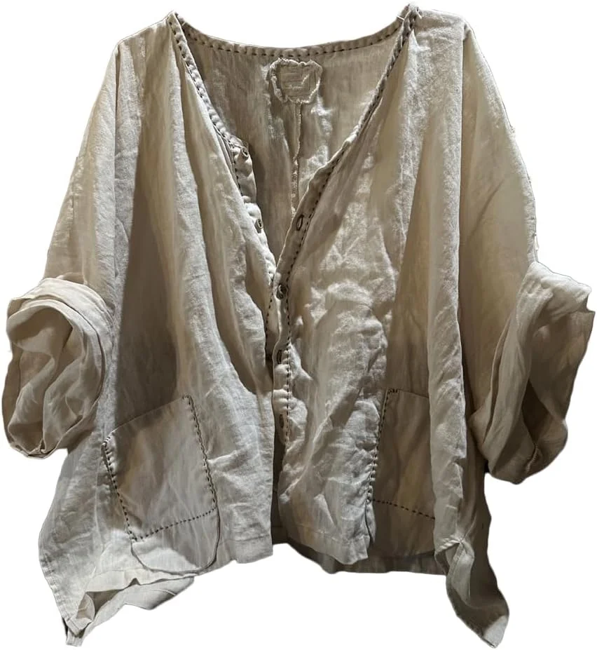 NFYM بلوز زنانه دکمه دار کتان ساده آستین کوتاه گشاد دست دوز