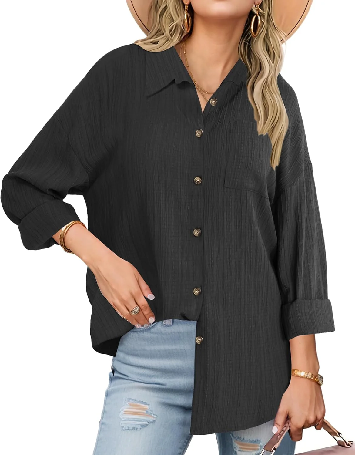 Neweek پیراهن زنانه دکمه دار لینن آستین بلند، بلوزهای یقه دار با بافت آزاد و جیب مناسب کار
