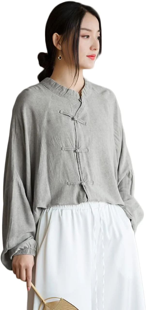 پیراهن زنانه دکمه دار رترو NFYM آستین بلند جلو باز به سبک چینی مدل گشاد تاپ بلوز کت تانگ