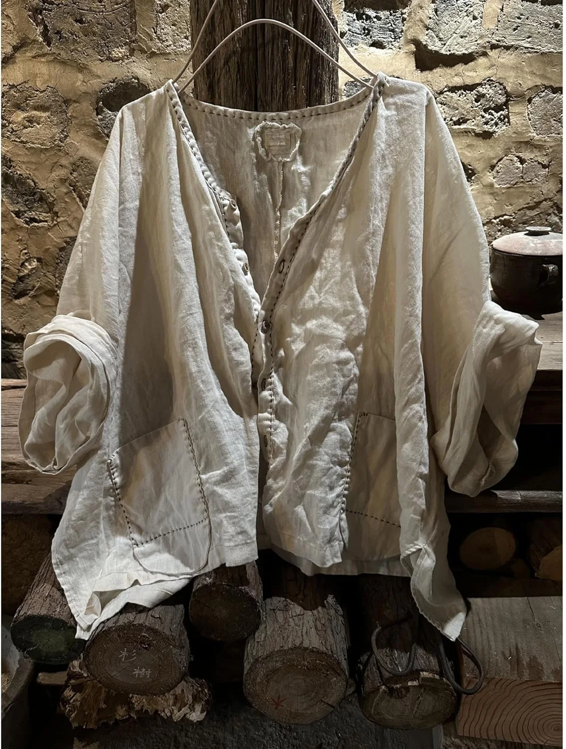 NFYM بلوز زنانه دکمه دار کتان ساده آستین کوتاه گشاد دست دوز NFYM بلوز زنانه دکمه دار کتان ساده آستین کوتاه گشاد دست دوز