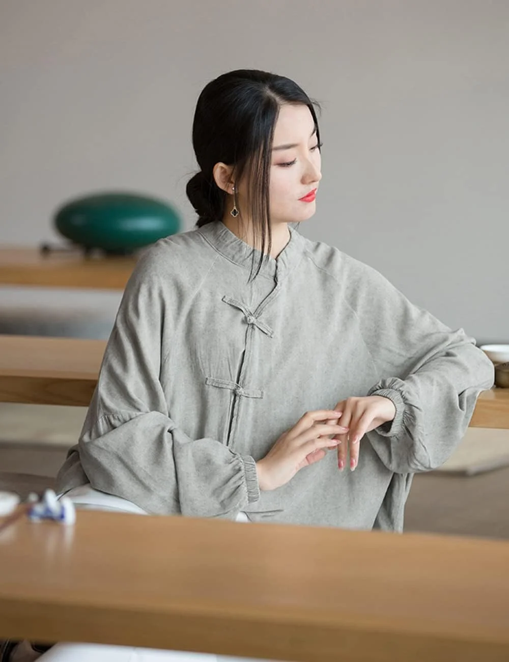 پیراهن زنانه دکمه دار رترو NFYM آستین بلند جلو باز به سبک چینی مدل گشاد تاپ بلوز کت تانگ