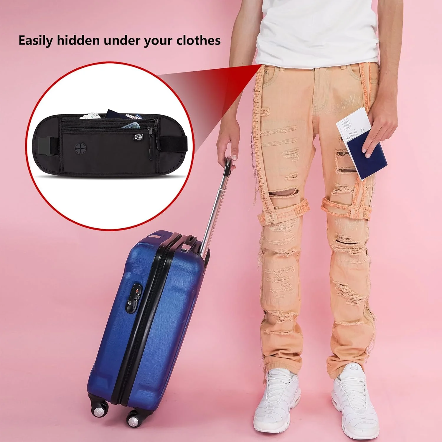 کمربند پول مسافرتی زیر لباس، کیف پول باریک گذرنامه با فناوری شناسایی امواج رادیویی برای مردان/زنان، کیف پول مسافرتی مخفی برای محافظت از کارت های اعتباری، گذرنامه ها و مدارک (مشکی)