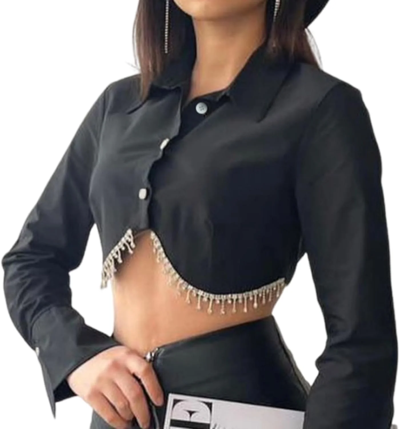 نوائوریلی بلوز زنانه نگین دار دکمه دار آستین بلند یقه برگردان تاپ کوتاه