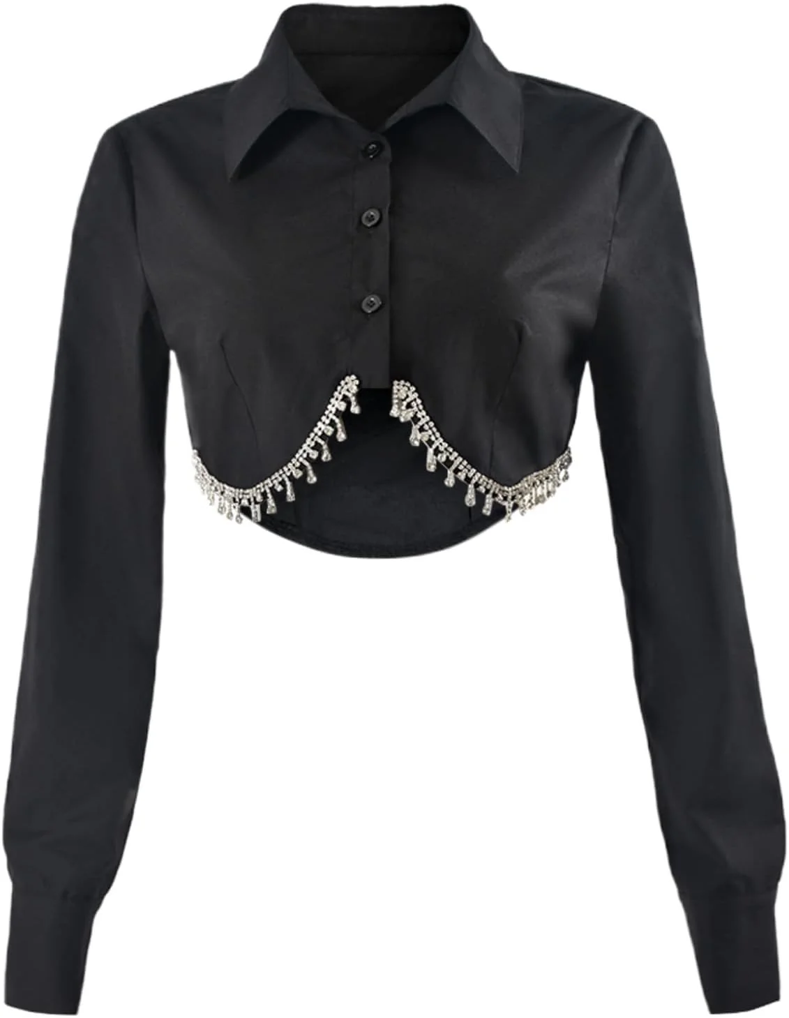 نوائوریلی بلوز زنانه نگین دار دکمه دار آستین بلند یقه برگردان تاپ کوتاه