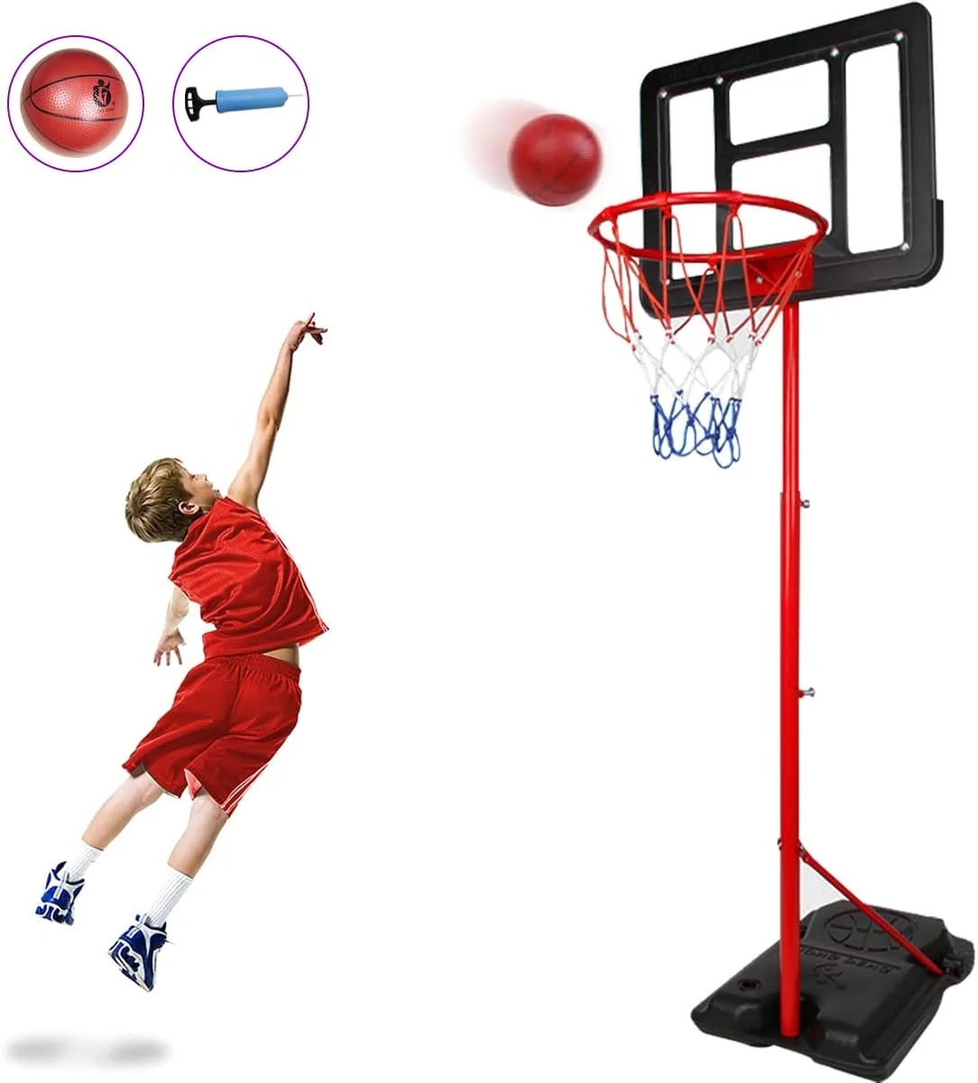 ست حلقه بسکتبال کودکانه، اسباب بازی پایه بسکتبال با توپ و پمپ برای سنین مختلف دختر و پسر، بازی ورزشی سرگرم کننده داخل و خارج از خانه، پایه بسکتبال با ارتفاع قابل تنظیم 143/160/193 سانتی متر