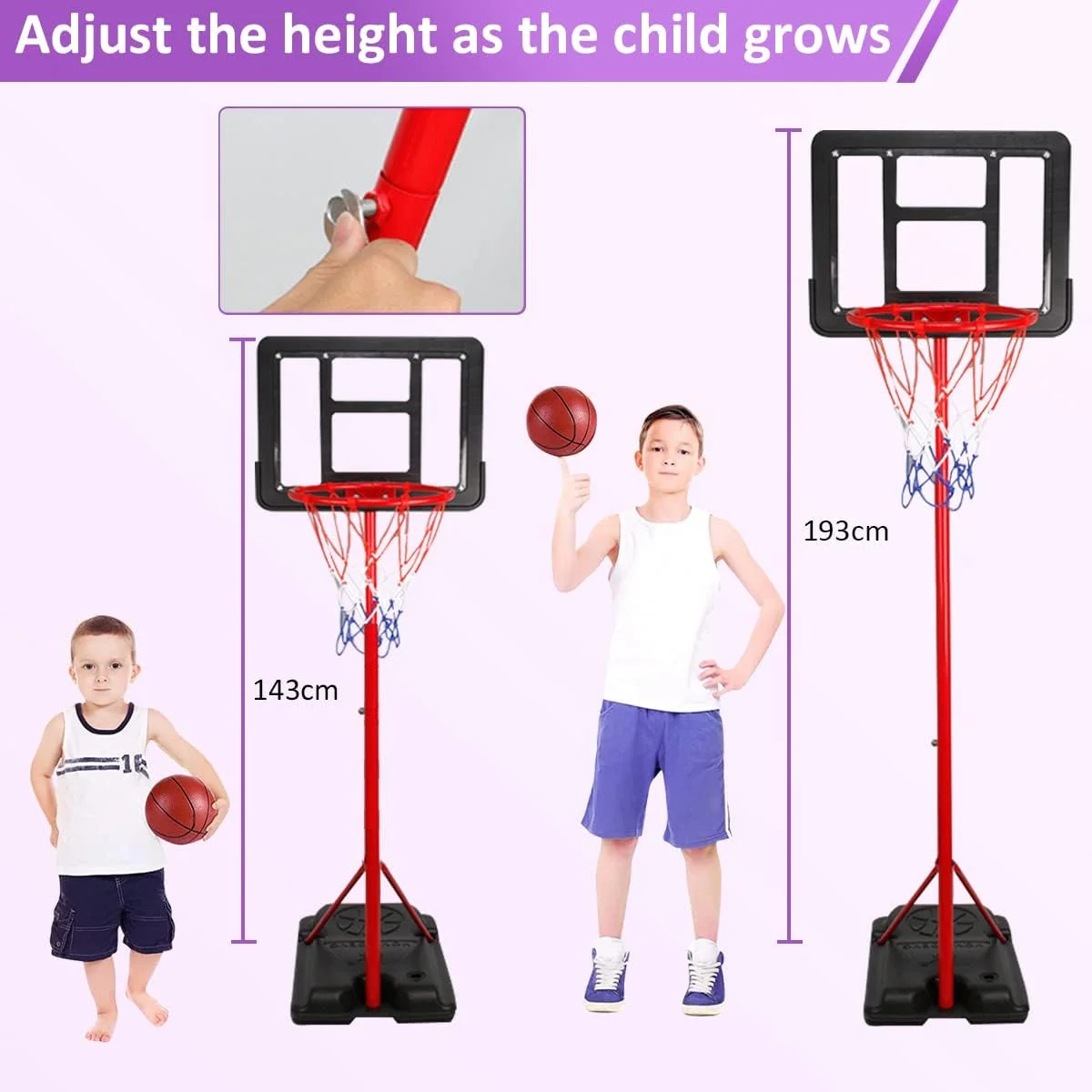 ست حلقه بسکتبال کودکانه، اسباب بازی پایه بسکتبال با توپ و پمپ برای سنین مختلف دختر و پسر، بازی ورزشی سرگرم کننده داخل و خارج از خانه، پایه بسکتبال با ارتفاع قابل تنظیم 143/160/193 سانتی متر