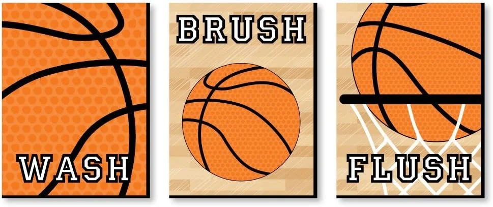 بیگ دات آو هپینس - بسکتبال - قوانین حمام کودکان - تابلوی دیواری 7.5" x 10" - مجموعه 3 تابلویی - بشویید، مسواک بزنید، سیفون را بکشید