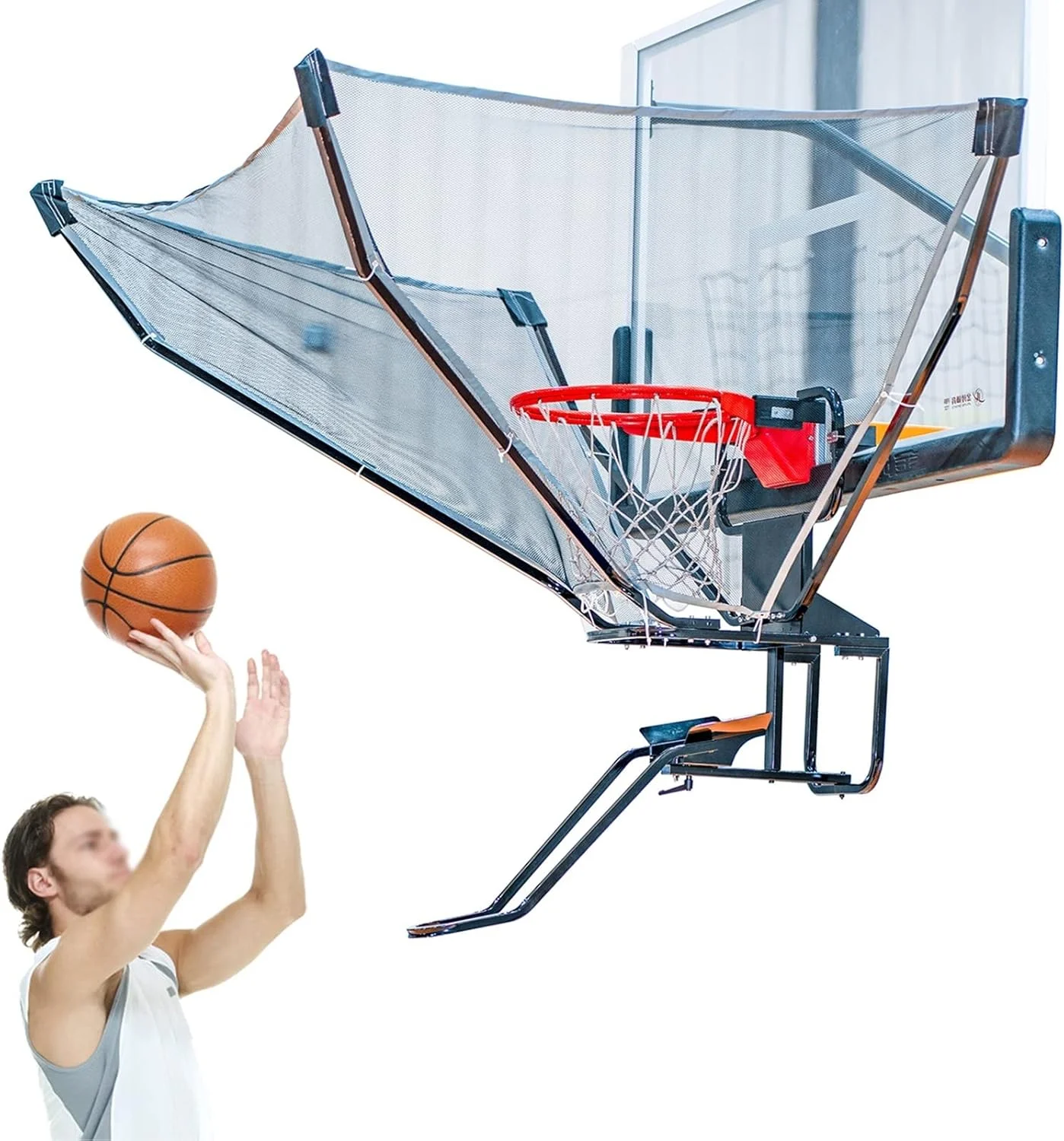 سیستم بازگرداننده توپ بسکتبال مشکی قابل حمل، مجموعه تور بازگرداننده و محافظ بسکتبال داخلی و خارجی، تمرین دهنده شوت برگشتی بسکتبال چرخشی سیستم بازگرداننده توپ بسکتبال مشکی قابل حمل، مجموعه تور بازگرداننده و محافظ بسکتبال داخلی و خارجی، تمرین دهنده شوت برگشتی بسکتبال چرخشی