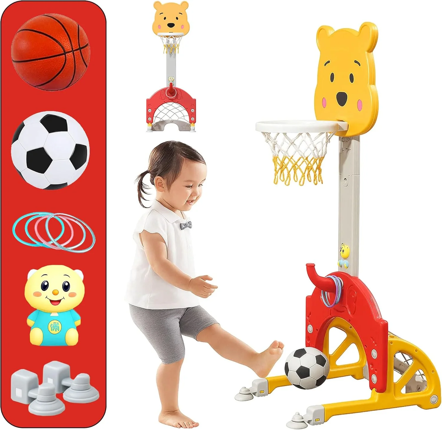 ست حلقه بسکتبال 5 در 1 کودکان، حلقه بسکتبال قابل تنظیم ارتفاع، ست بازی ورزشی با دروازه فوتبال، چوب و توپ گلف، حلقه پرتاب با حلقه ها و عروسک موزیکال، اسباب بازی های فضای باز، هدیه برای پسران و دختران ست حلقه بسکتبال 5 در 1 کودکان، حلقه بسکتبال قابل تنظیم ارتفاع، ست بازی ورزشی با دروازه فوتبال، چوب و توپ گلف، حلقه پرتاب با حلقه ها و عروسک موزیکال، اسباب بازی های فضای باز، هدیه برای پسران و دختران