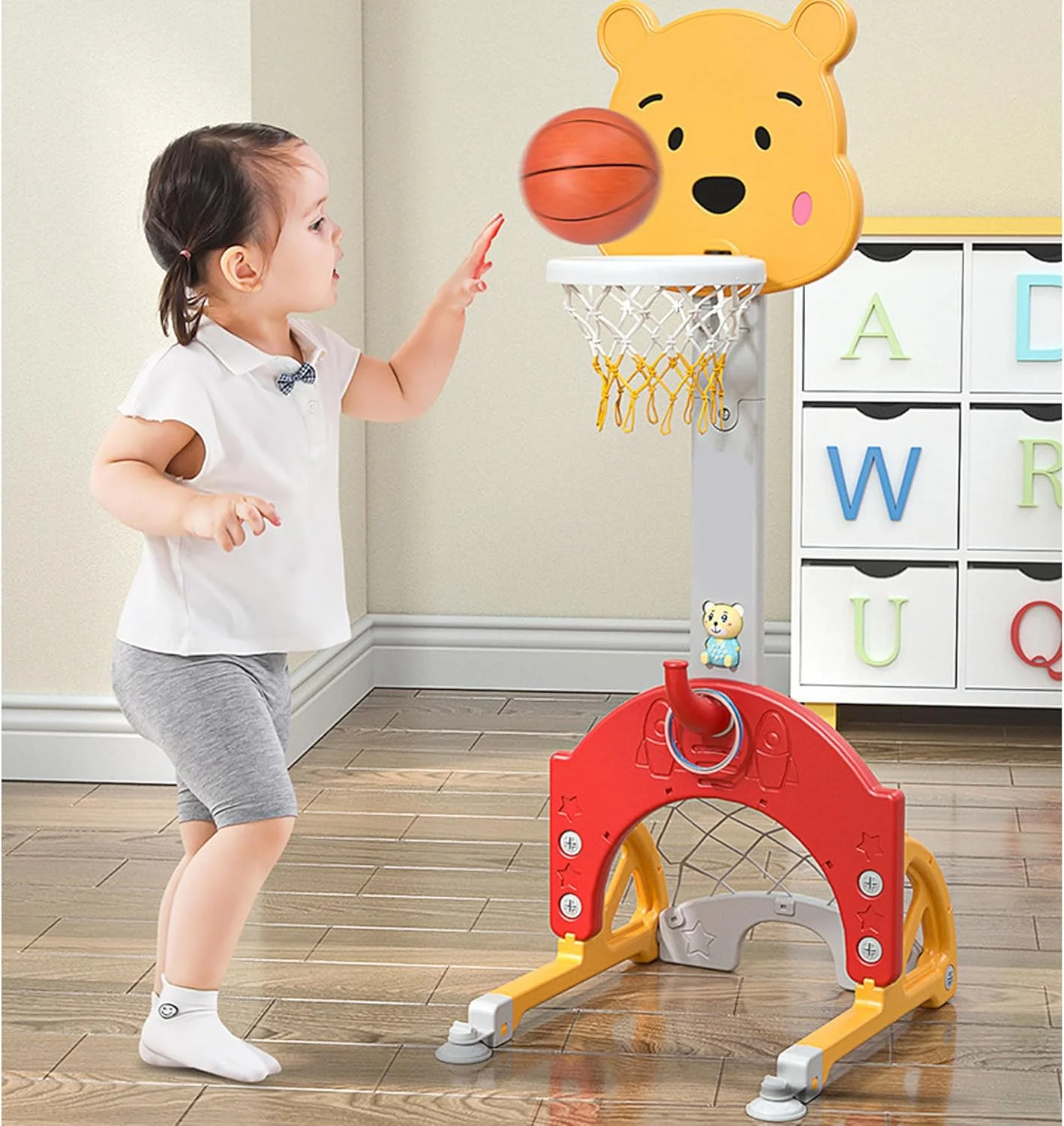 ست حلقه بسکتبال 5 در 1 کودکان، حلقه بسکتبال قابل تنظیم ارتفاع، ست بازی ورزشی با دروازه فوتبال، چوب و توپ گلف، حلقه پرتاب با حلقه ها و عروسک موزیکال، اسباب بازی های فضای باز، هدیه برای پسران و دختران