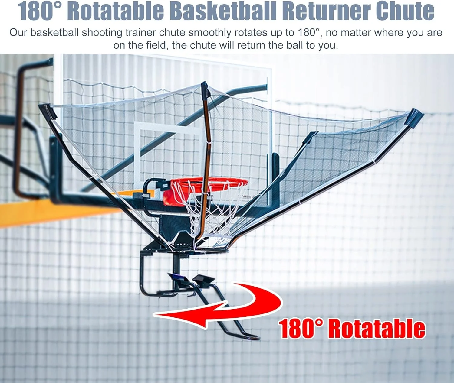 سیستم بازگرداننده توپ بسکتبال مشکی قابل حمل، مجموعه تور بازگرداننده و محافظ بسکتبال داخلی و خارجی، تمرین دهنده شوت برگشتی بسکتبال چرخشی