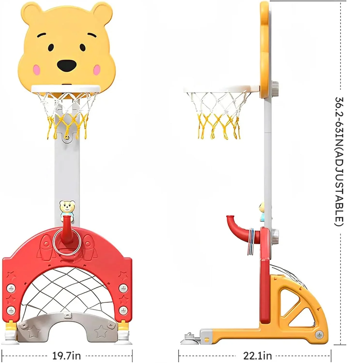ست حلقه بسکتبال 5 در 1 کودکان، حلقه بسکتبال قابل تنظیم ارتفاع، ست بازی ورزشی با دروازه فوتبال، چوب و توپ گلف، حلقه پرتاب با حلقه ها و عروسک موزیکال، اسباب بازی های فضای باز، هدیه برای پسران و دختران