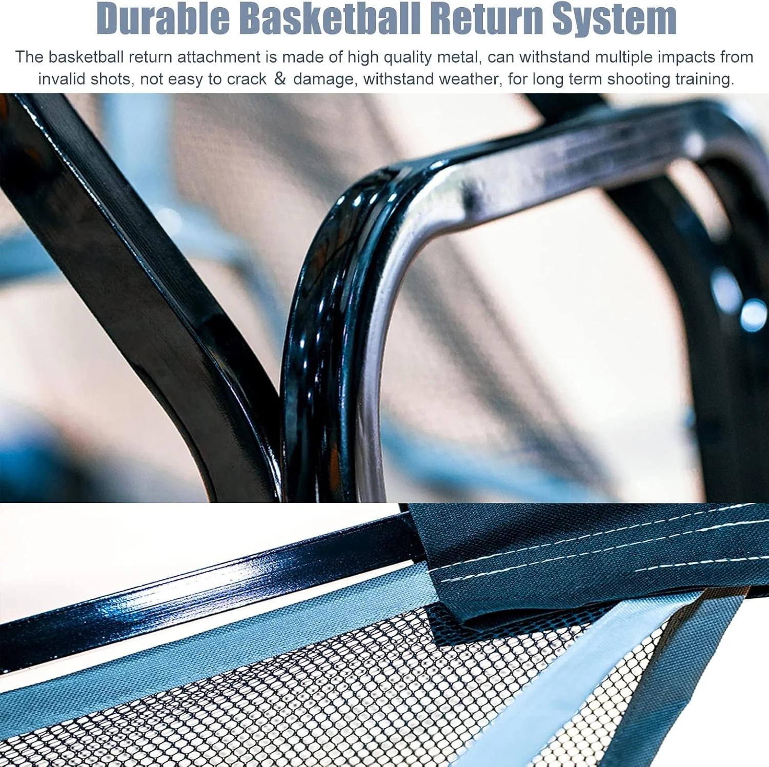 سیستم بازگرداننده توپ بسکتبال مشکی قابل حمل، مجموعه تور بازگرداننده و محافظ بسکتبال داخلی و خارجی، تمرین دهنده شوت برگشتی بسکتبال چرخشی