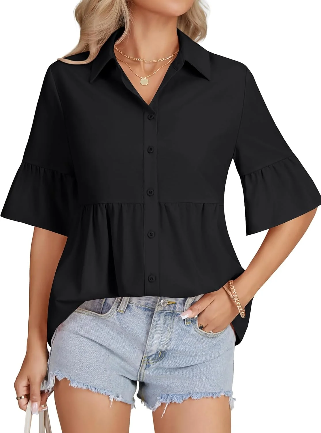 بلوز زنانه Rooscier آستین سه ربع مدل چین دار دکمه دار یقه برگردان