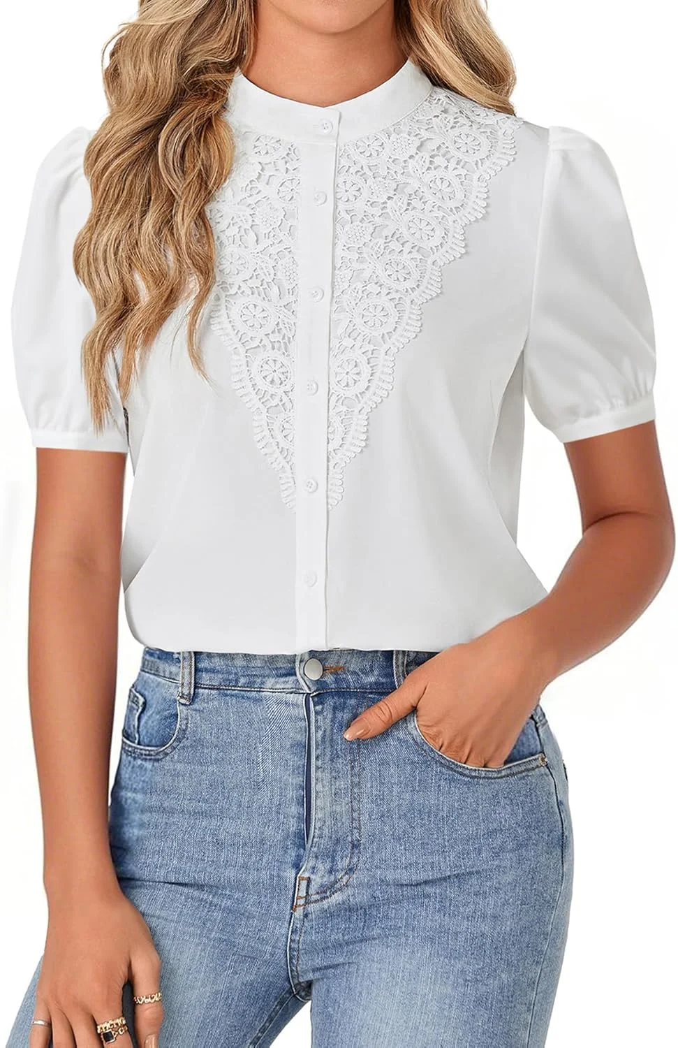 بلوز زنانه Rooscier با یقه ایستاده توری، آستین پفی و دکمه دار