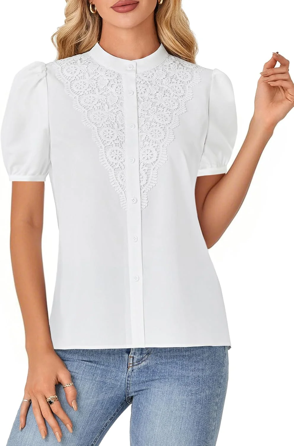 بلوز زنانه Rooscier با یقه ایستاده توری، آستین پفی و دکمه دار