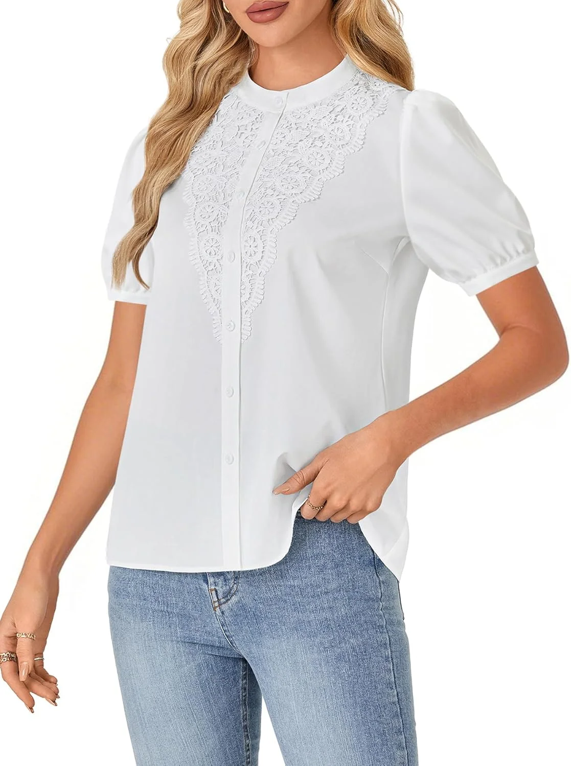 بلوز زنانه Rooscier با یقه ایستاده توری، آستین پفی و دکمه دار