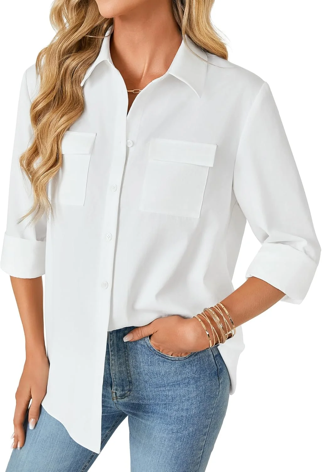 Rooscier بلوز زنانه دکمه دار آستین بلند با یقه و تزیینات