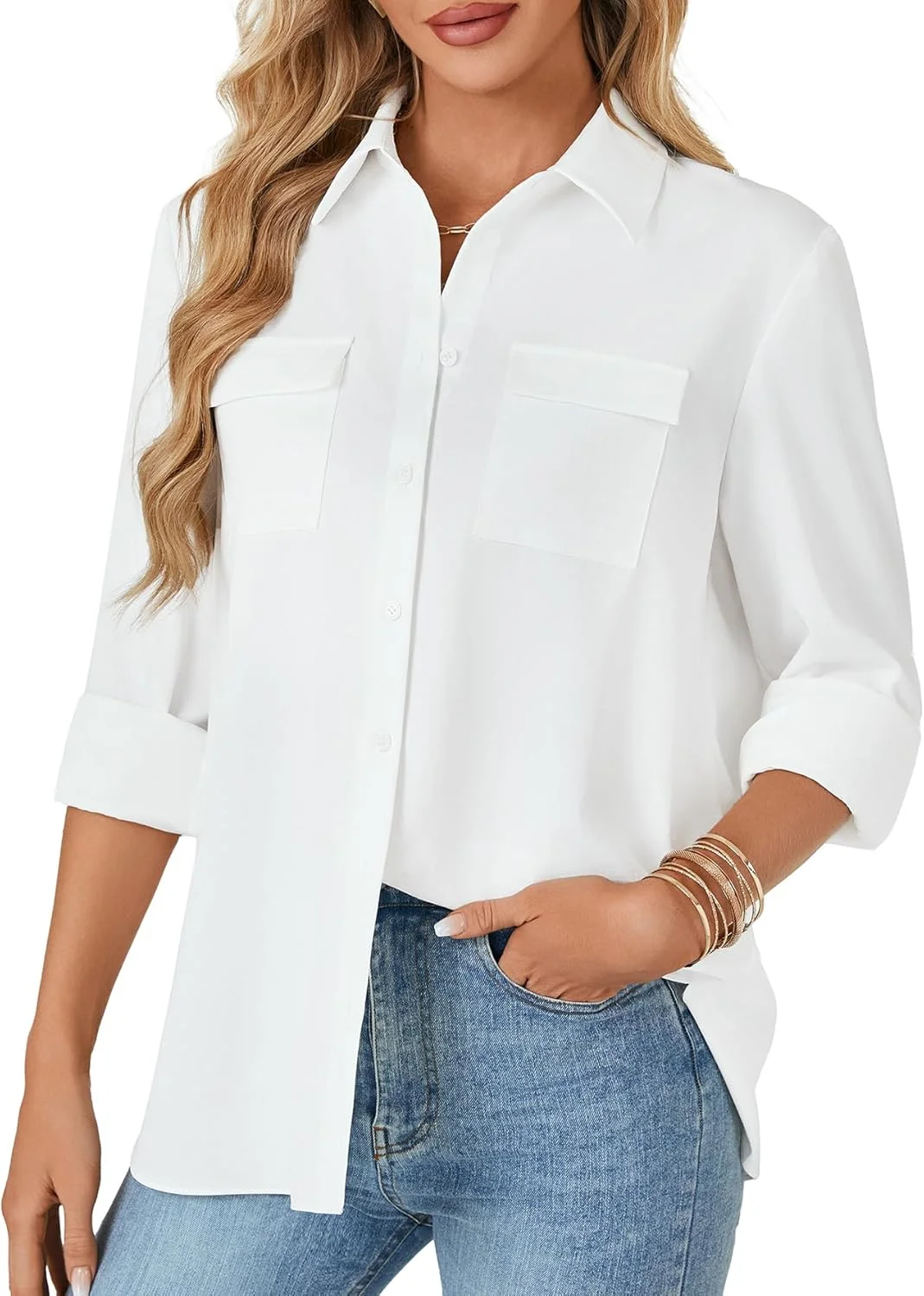 Rooscier بلوز زنانه دکمه دار آستین بلند با یقه و تزیینات