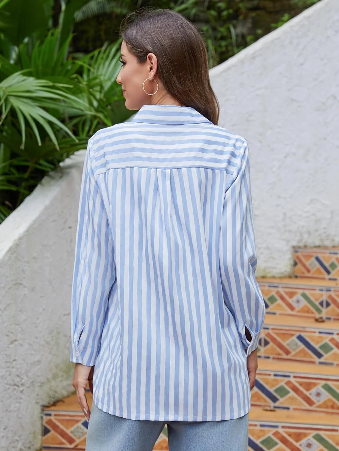 Scacto بلوز زنانه راه راه دکمه دار، بلوزهای آستین بلند یقه هفت گشاد با جیب