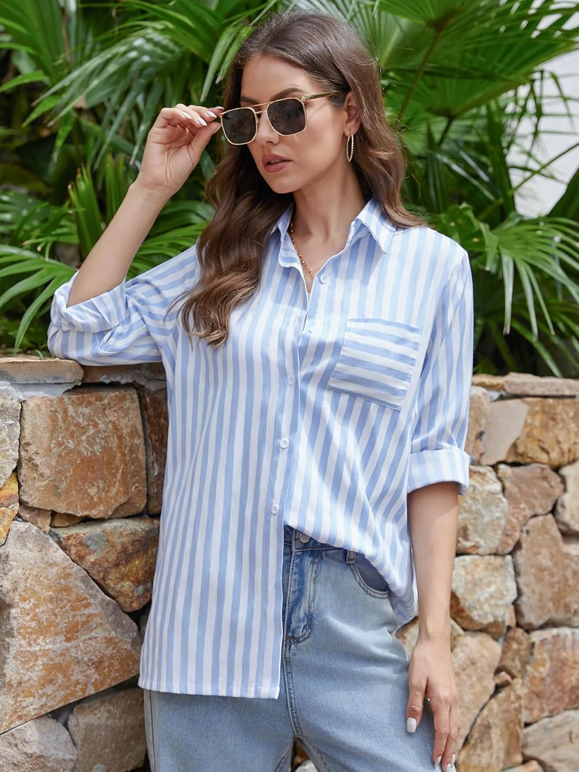 Scacto بلوز زنانه راه راه دکمه دار، بلوزهای آستین بلند یقه هفت گشاد با جیب