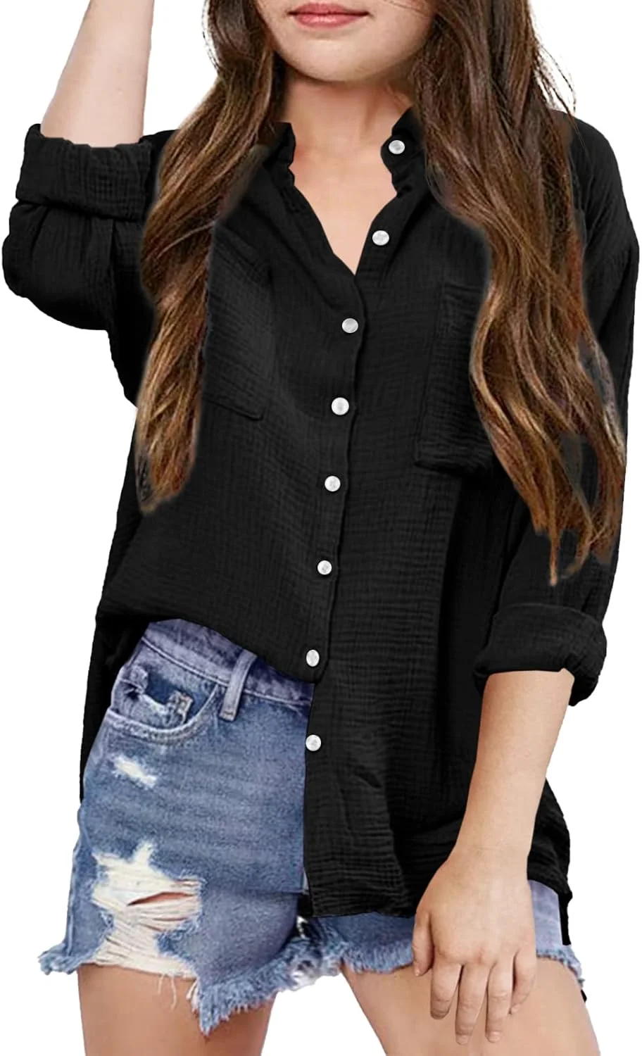 Saudacdn پیراهن دخترانه دکمه دار آستین بلند با قابلیت جمع شدن و سرآستین دکمه دار، بلوز یقه دار، تاپ های نخی غیر رسمی با جیب