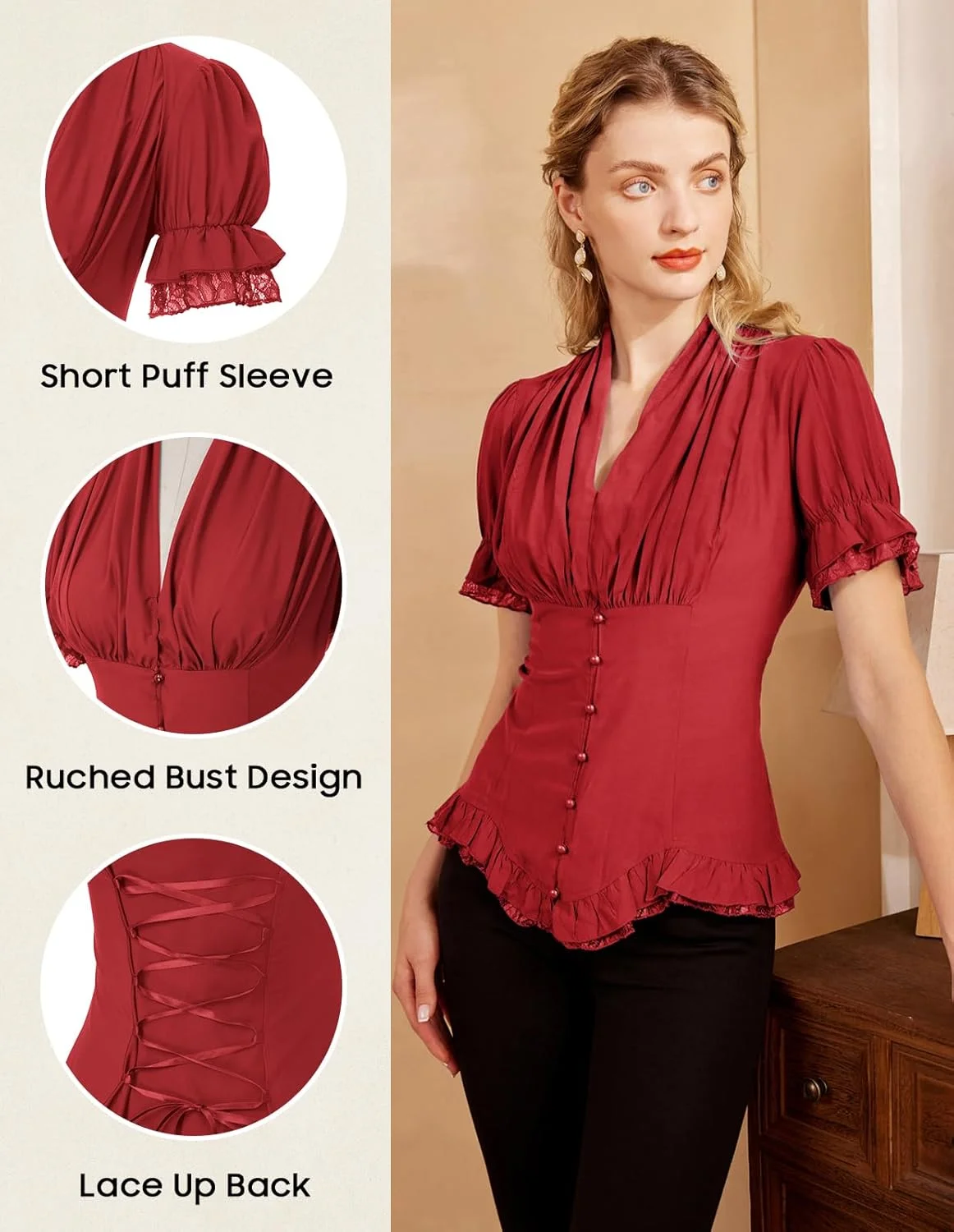 Scarlet Darkness بلوز زنانه آستین کوتاه ویکتوریایی، پیراهن مجلسی پلوم، یقه توری Scarlet Darkness بلوز زنانه آستین کوتاه ویکتوریایی، پیراهن مجلسی پلوم، یقه توری