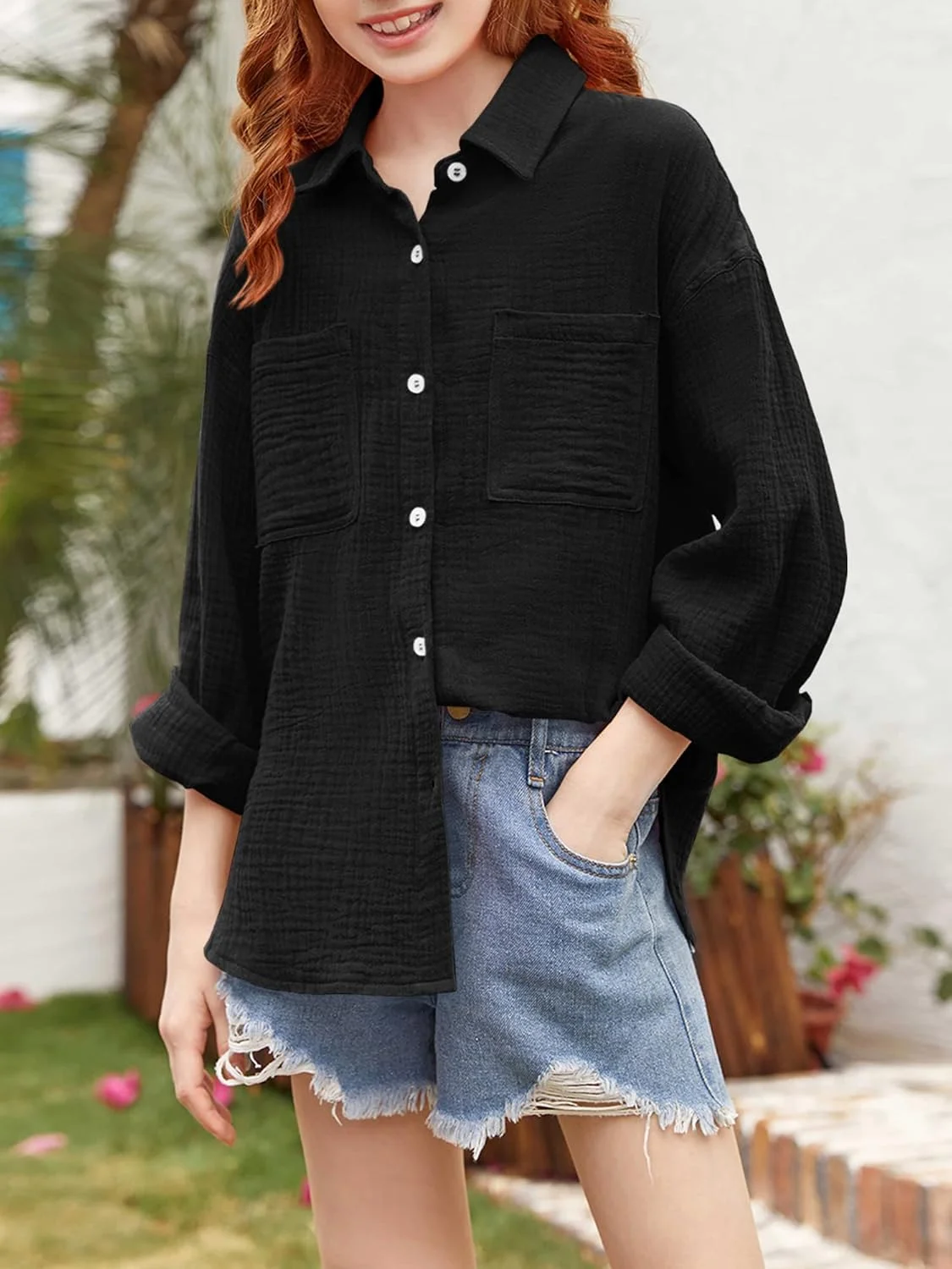 Saudacdn پیراهن دخترانه دکمه دار آستین بلند با قابلیت جمع شدن و سرآستین دکمه دار، بلوز یقه دار، تاپ های نخی غیر رسمی با جیب