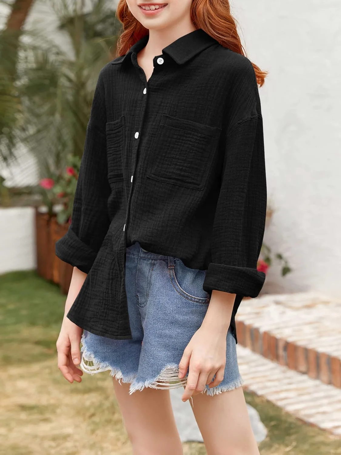 Saudacdn پیراهن دخترانه دکمه دار آستین بلند با قابلیت جمع شدن و سرآستین دکمه دار، بلوز یقه دار، تاپ های نخی غیر رسمی با جیب