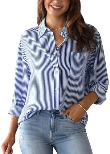 SHEKINI پیراهن زنانه دکمه دار راه راه آستین بلند بلوزهای یقه دار اداری غیر رسمی با جیب