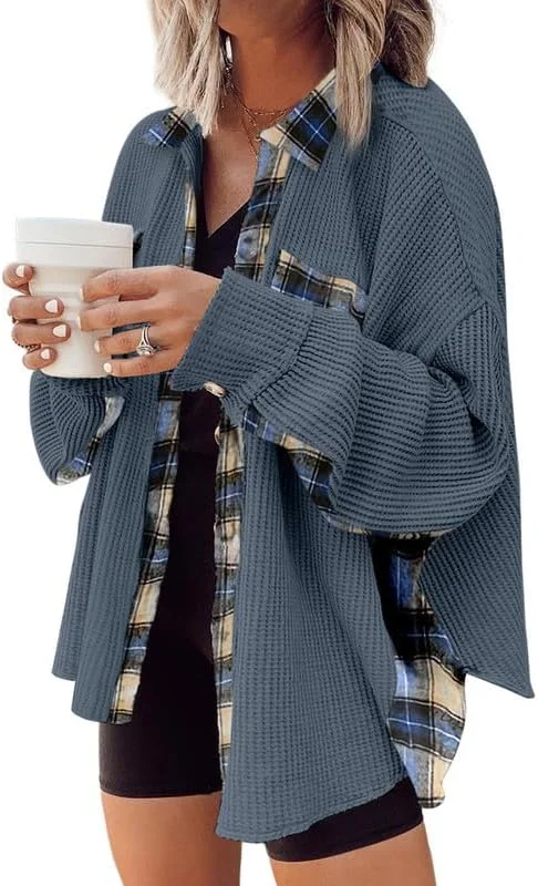 SHEWIN شکت زنانه بافت وافل طرح چهارخانه، مدل دوست‌پسر، دکمه‌دار، کت پیراهن، آستین بلند گشاد