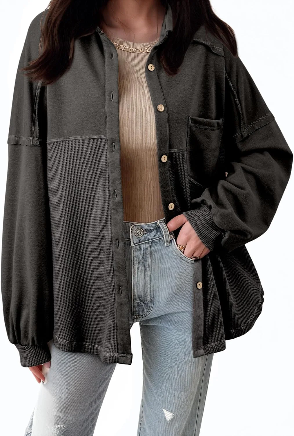 SHEWIN شکت بافتنی وافل زنانه، ژاکت پیراهن دکمه دار مد پاییزه، مدل آزاد و آستین بلند