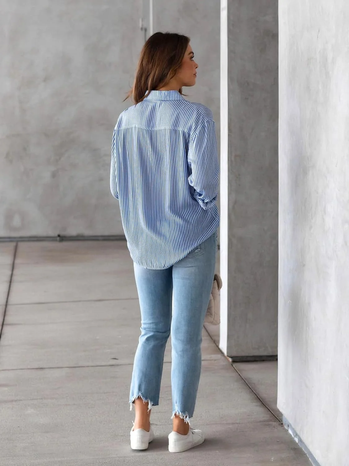 SHEKINI پیراهن زنانه دکمه دار راه راه آستین بلند بلوزهای یقه دار اداری غیر رسمی با جیب