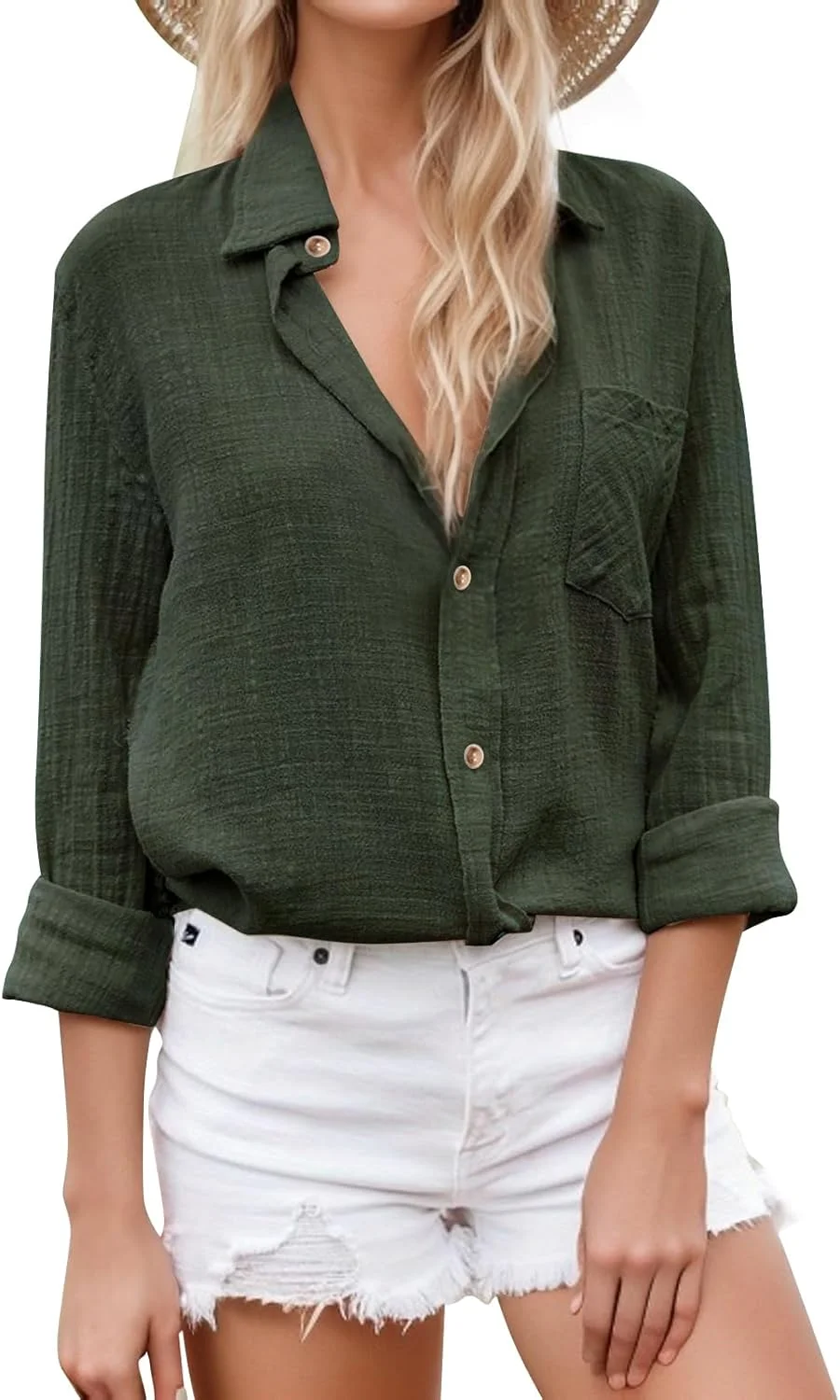 SHEKINI بلوز زنانه دکمه دار نخی و کتان، آستین بلند، یقه هفت، مناسب کار و استفاده روزمره، دارای جیب SHEKINI بلوز زنانه دکمه دار نخی و کتان، آستین بلند، یقه هفت، مناسب کار و استفاده روزمره، دارای جیب